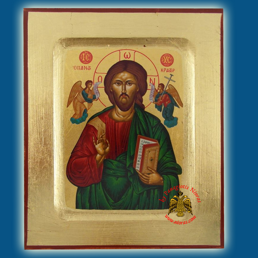 Christ The Pantokrator Green Dress Holy Deisis Byzantine Wooden Icon on Canvas